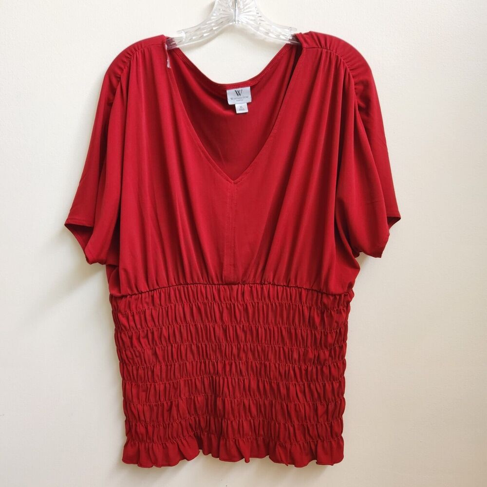 Worthington Top Womens XLarge Red Smocked Knit Pullover Short Sleeve V-Neck Top